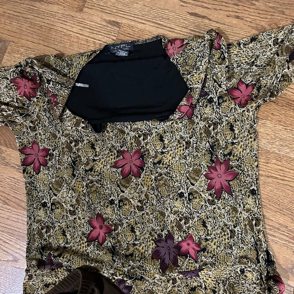 Womens 3 Piece Skirt pants Top Set Floral Comfort Stretch NYPL Brown L - Picture 4 of 16